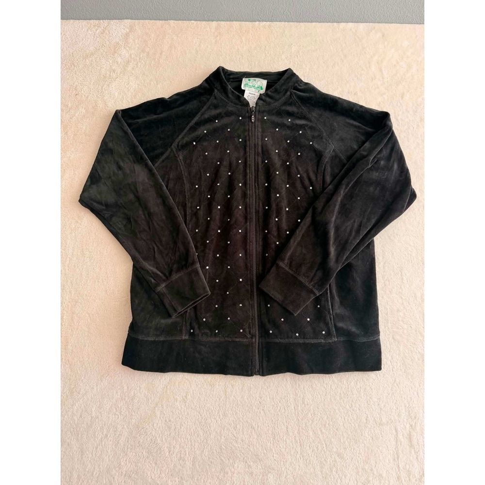 Quacker Factory Black Velour Zip Up Jacket Rhinestone Quilted Studded Womens M